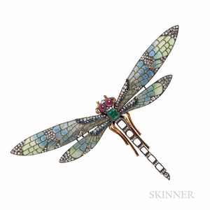 Plique-a-jour Enamel and Gem-set Dragonfly Brooch