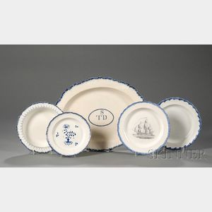 Five Pearlware Pottery Table Items with Blue Rim Borders