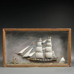 Carved and Painted Ship Diorama in a Shadow Box Frame