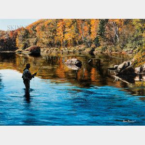Adriano Manocchia (American, b. 1951) Fly Fisherman on a Quiet Autumn River
