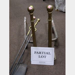 Pair of Brass Ball-top Andirons and Two Fireplace Tools.