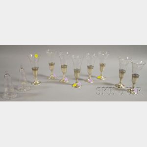 Set of Nine Mathews Company Sterling and Etched Glass Champagne Flutes