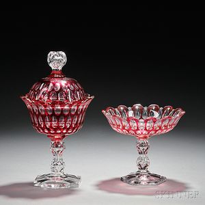 Ruby Cut-to-Clear Glass Covered Urn and Compote