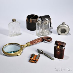 Group of Gentlemans Items, late 19th/early 20th century, including a pewter flask with engraved sailboat to interior, a Universal di