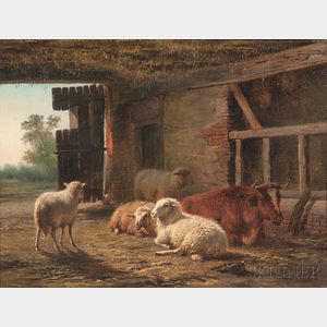 Frans Lebret (Dutch, 1820-1909) Resting Sheep and Cow in a Sunlit Barn