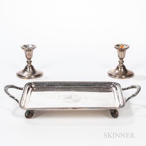 Pair of Weighted Sterling Silver Candlesticks and a Silver-plated Footed Tray