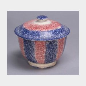 Blue and Red Spatterware Covered Earthenware Sugar Bowl