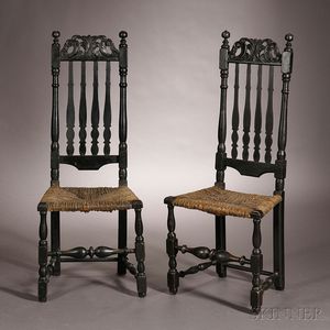 Pair of Carved Black-painted Banister-back Side Chairs