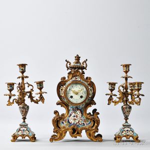 French Gilt-bronze and Champlevé-enameled Three-piece Clock Garniture