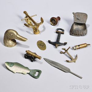 Group of Gentlemans Items, late 19th and 20th century, including bottle openers in the forms of a duck head, a fish, and an anchor, an