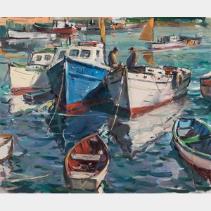 Carl William Peters (American, 1897 or 1898-1980) Lobster Boats in a Sunny Harbor