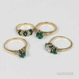 Four 14kt Gold, Emerald, and Diamond Rings