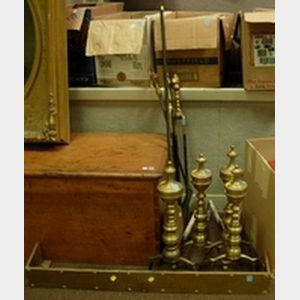 Two Pairs of Brass Andirons, Four Brass and Iron Fireplace Tools, a Brass Fireplace Fender.