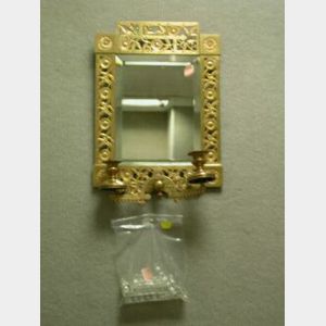 Aesthetic Movement Pierced Bronze Beveled Mirror Sconce with Prisms.