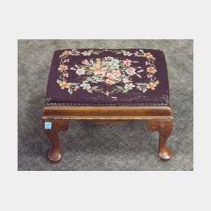 Queen Anne Style Needlepoint Upholstered Carved Mahogany Footstool.