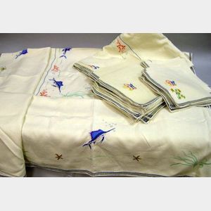 Vintage Summer Billfish and Sea Life Embroidered Linen Tablecloths and Napkins Set.