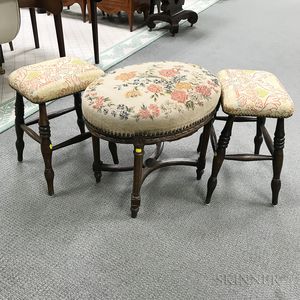 Three Turned Stools with Needlepoint and Embroidered Upholstery. 