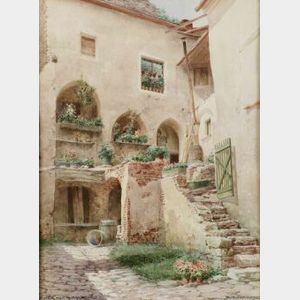 Lot of Two Watercolors Including: Richard Moser (Austrian, b. 1874),The Courtyard;