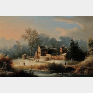 Edmund C. Coates (American, 1816-1871) Winter Landscape with Figures, Brick Cottages, and an Arched Bridge