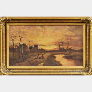 James Walter Gozzard (England, 1862-1939) Figural Landscape at Sunset.