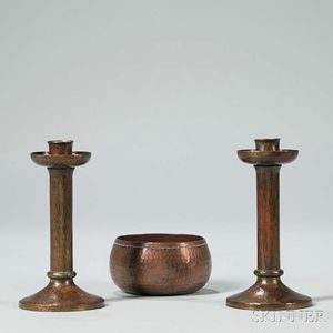 Pair of Hammered Copper Candlesticks and a Bowl