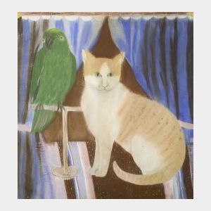 American School, 19th Century Kitten and Parrot Before a Blue Curtain