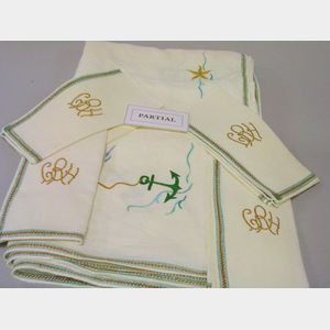 Vintage Summer Boating Embroidered Linen Tablecloth and Napkins Set.