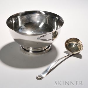 American Silver-plate Punch Bowl and Ladle, mid to late 20th century, Alvin punch bowl, dia. 11 1/2, and Gerity ladle. lg. 13 3/4 in.
