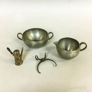 Sterling Silver Miniature Chocolate Pot and Sugar Tongs and a Pewter Creamer and Sugar. 