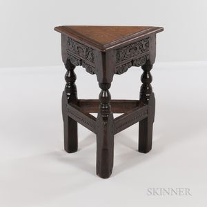 Triangular Turned and Carved Oak Joint Stool