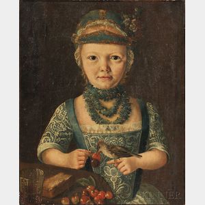 German School, 18th/19th Century Interior Half-length Portrait of a Young Girl Feeding Cherries to a Bird