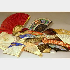 Lot of Nineteen Mostly Handpainted Silk or Paper Fans