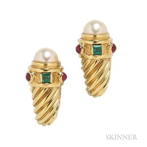 18kt Gold, Cultured Pearl, and Gem-set Earrings, David Yurman