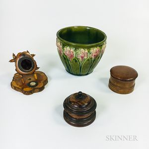 Austrian Wood Watch Hutch, Two Turned Boxes, and a Ceramic Jardiniere. 