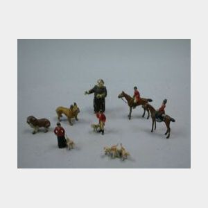 Eight Miniature Painted Metal Friar, Dog and English Hunting Figures.
