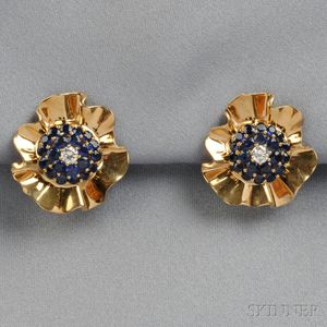Retro 14kt Gold, Sapphire, and Diamond Earclips