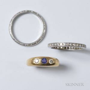 Two Platinum Bands and a 14kt Gold, Diamond, and Sapphire Ring