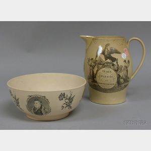 Liverpool Creamware Transfer Decorated Jug and Footed Bowl