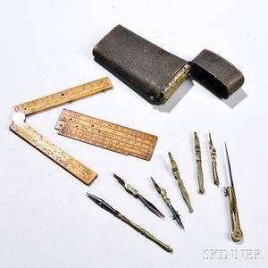 Shagreen-cased Brass and Steel Drafting Tool Set