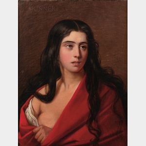 Continental School, 19th Century Bust of a Dark-haired Young Woman with a Red Wrap