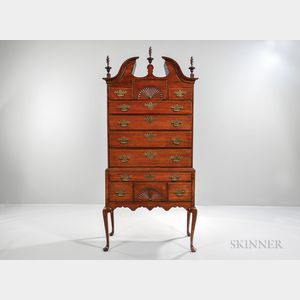 Walnut and Maple Fan-carved Scroll-top High Chest of Drawers