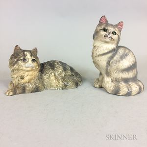 Two Hubley Painted Cast Iron Fireside Cat and Sitting Persian Cat Doorstops