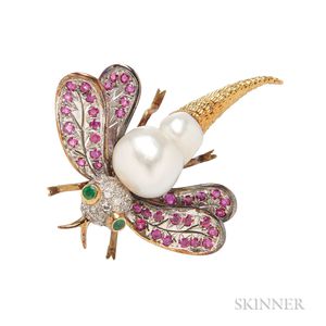 18kt Gold and Baroque Cultured Pearl Dragonfly Brooch
