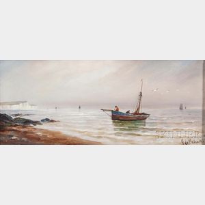 Gustave de Bréanski (British, 1856-1898) Vessel Approaching a Quiet Shore, White Cliffs in the Distance