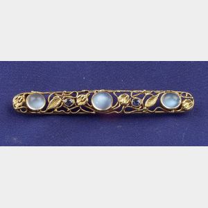 Arts & Crafts 14kt Gold, Moonstone and Sapphire Pin