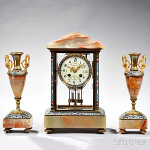 Champleve and Marble Crystal Regulator Mantel Clock and Garniture