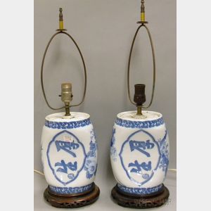 Pair of Japanese Blue and White Porcelain Pillows/Table Lamps