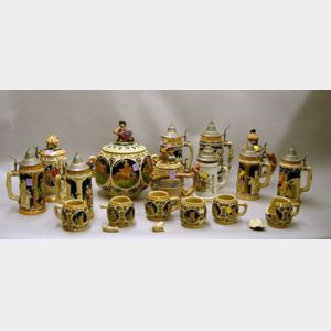 Ten German Polychrome Stoneware and Porcelain Steins, and a Seven-piece German Polychrome Decorated Stoneware P...