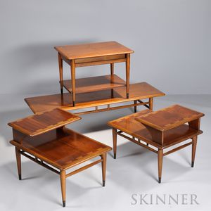 Four Lane Modern Tables, c. 1965, a coffee, a pair of sides, and a single side, each with rectangular tops and banded framework accente