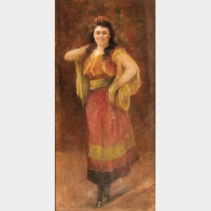 José María Rodríguez-Acosta (Spanish, 1878-1941) Smiling Young Woman in a Red and Gold Dress.